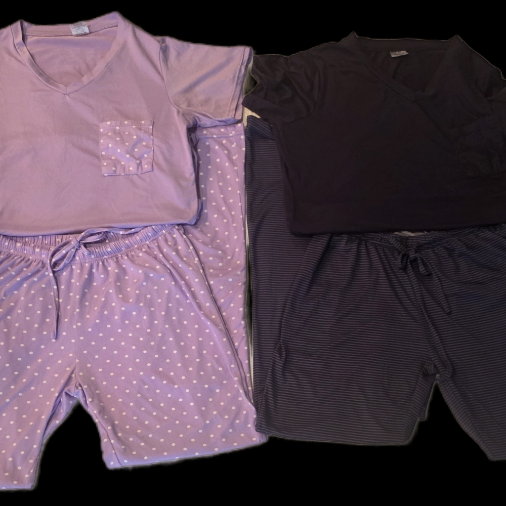 RealEssentials 2 Sets Women's Pajamas Short Sleeve Tee Tops Drawstring Bottoms S